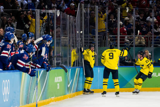Mika Zibanejad, Filip Forsberg and Lucas Raymond of Sweden