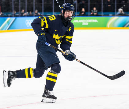 Sara Hjalmarsson of Sweden in the women's ice hockey bronze