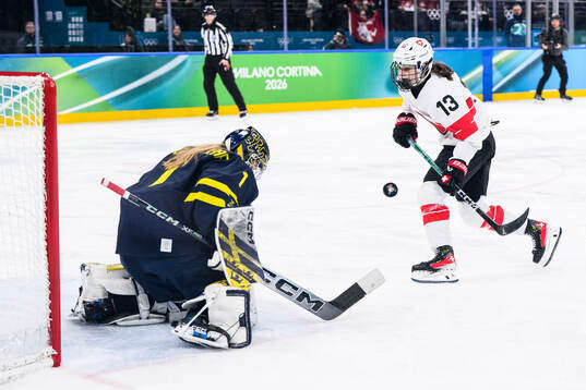Goaltender Ebba Svensson Träff of Sweden saves a penalty