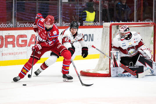 Timrås Emil Pettersson och Malmö Redhawks Robin Salo och