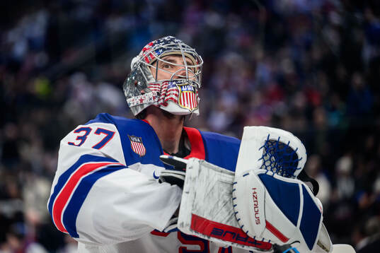 Goaltender Connor Hellebuyck of USA in the men's ice hockey