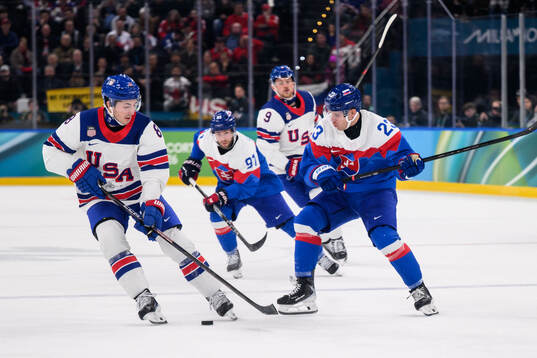 Zach Werenski of USA and Adam Liska of Slovakia in the