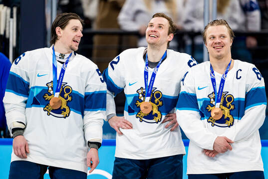 Erik Haula, Artturi Lehkonen and Mikael Granlund of Finland