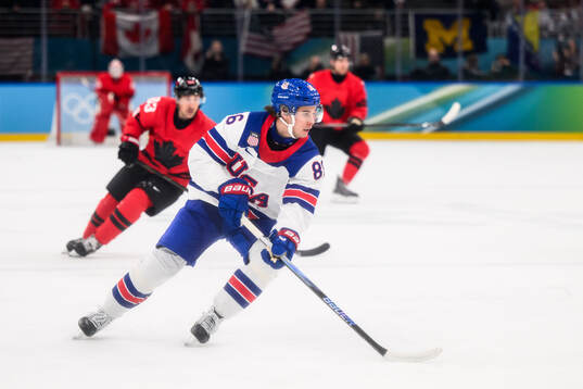 Jack Hughes of USA in the men's ice hockey final between