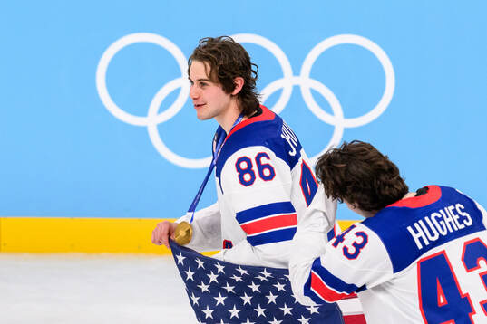 Jack Hughes of USA celebrates