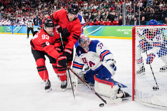 Mitch Marner and Travis Sanheim of Canada against