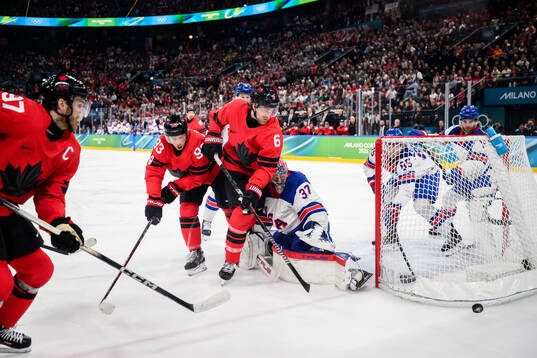 Connor McDavid, Mitch Marner and Travis Sanheim of Canada
