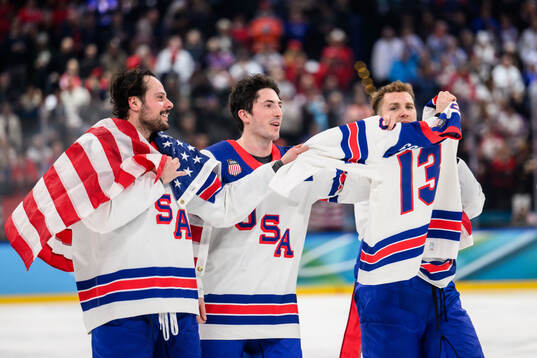 Auston Matthews, Zach Werenski and Matthew Tkachuk of USA