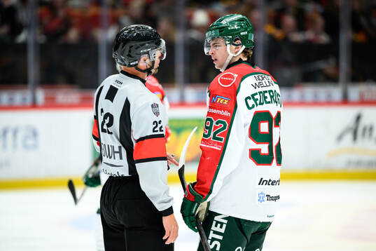 Domare Andreas Harnebring i diskussion med Frölundas Filip