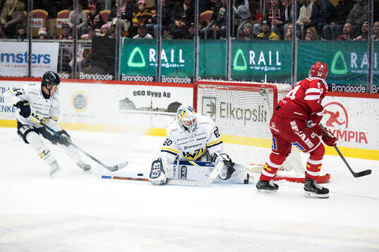 HV71s målvakt Felix Sandström och Hugo Fransson och