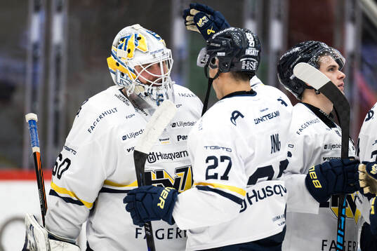 HV71s målvakt Felix Sandström och Jonathan Ang jublar