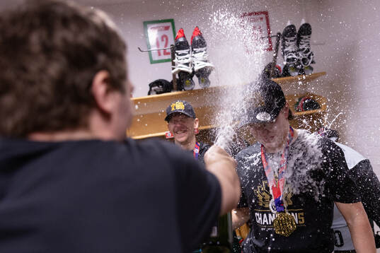 Max Lindholm and Ivar Stenberg of Frölunda celebrate