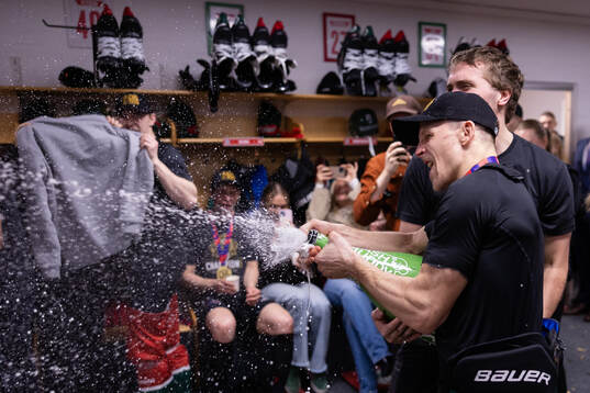 Max Friberg and Max Lindholm of Frölunda celebrate