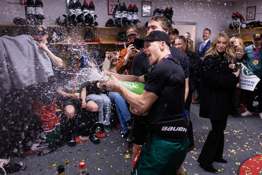 Max Friberg and Max Lindholm of Frölunda celebrate