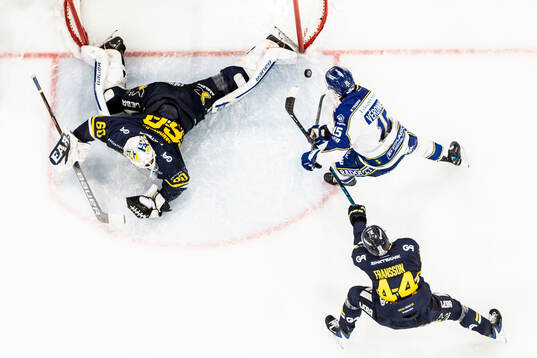 HV71s målvakt Felix Sandström och Leksands Max Veronneau