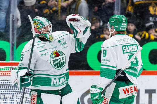 Rögles målvakt Christoffer Rifalk jublar med Linus Sandin