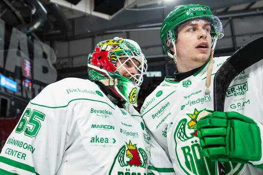 Rögles målvakt Christoffer Rifalk och Simon Zether jublar