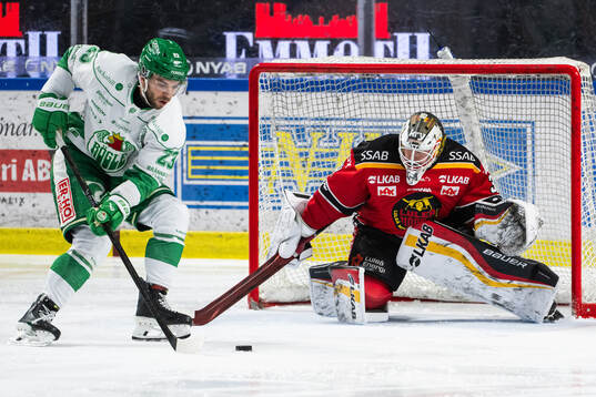Rögles Josh Dickinson och Luleås målvakt Joel Lassinantti