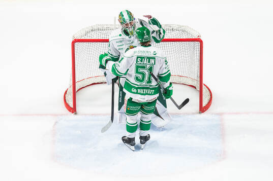 Rögles målvakt Christoffer Rifalk och Calle Själin jublar