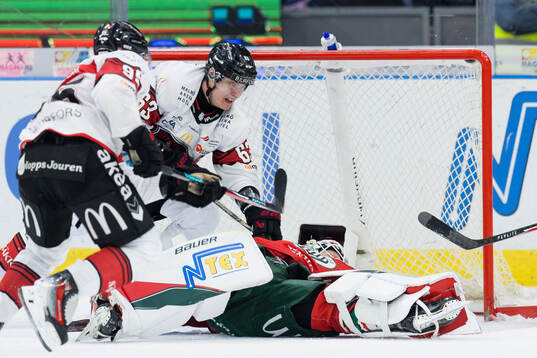 Malmö Redhawks Fredrik Händemark och Frölundas målvakt