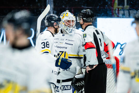 HV71s Olle Alsing och målvakt Felix Sandström diskuterar