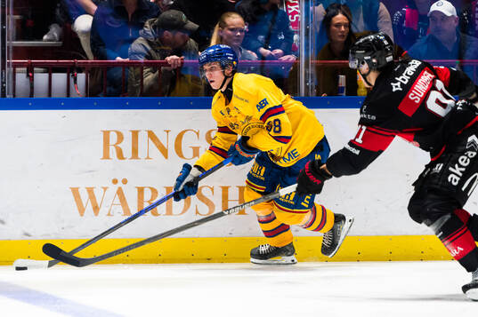 Djurgårdens Victor Eklund och Malmö Redhawks Axel Sundberg