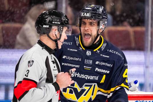 HV71s Joona Luoto i samtal med domare Linus Öhlund