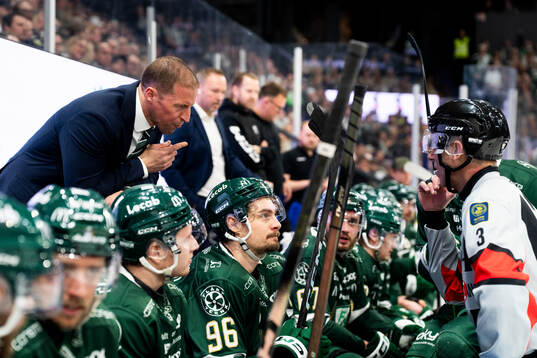 Färjestads tränare Cam Abbott med domare Linus Öhlund