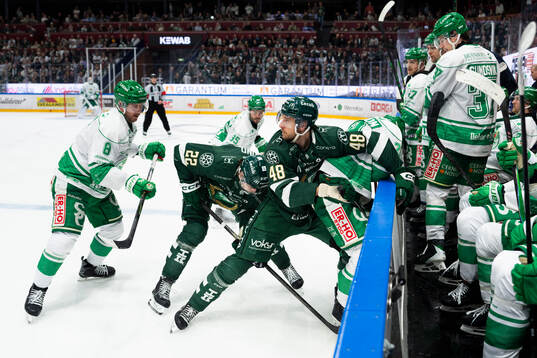 Rögles Linus Sandin och Färjestads Per Åslund, Filip Roos