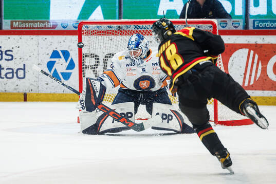 Växjös målvakt Adam Åhman och Brynäs Anton Rödin