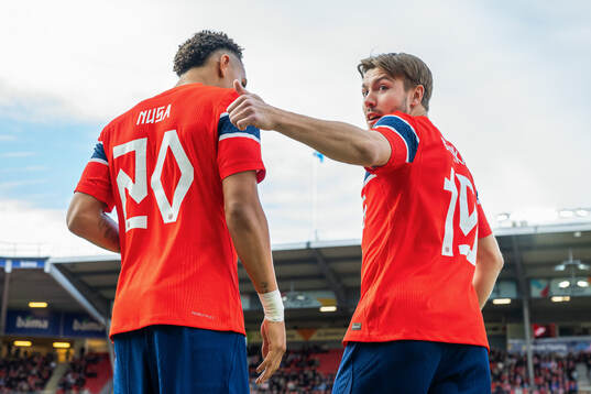 Antonio Nusa and Fredrik André Bjørkan of Norway