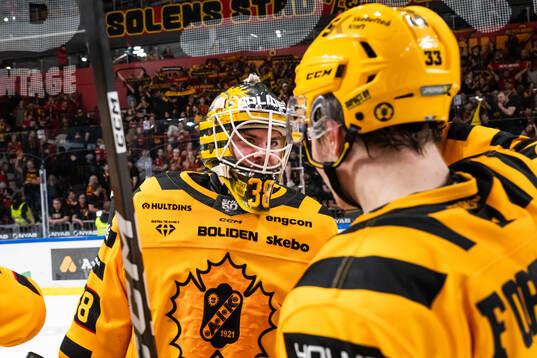 Skellefteås målvakt Strauss Mann och Zeb Forsfjäll jublar