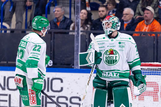 Rögles Fredrik Olofsson och målvakt Arvid Holm jublar