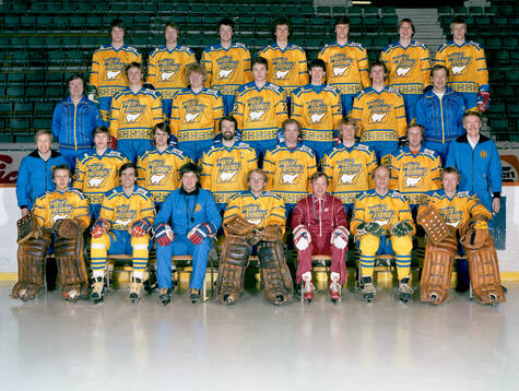 Players and team staff of Sweden pose for a team photo ahead of the 1981 IIHF Ice Hockey World Championship on April 1, 1981 in Stockholm. Top row: Patrik Sundström, Inge Hammarström. Göran Lindholm, Anders Håkansson, Ulf Isaksson, Peter Helander. Third row: Bengt Pettersson (masseur), Anders Eldebrink, Thomas Steen, Harald Lückner, Lars Molin, Roland Stoltz, Dick Hellströmer (equipment manager). Second row: Kjell Damberg (manager), Mats Näslund, Tommy Samuelsson, Mats Waltin, Stig Östling, Tomas Jonsson, Dan Söderström and Christian Åkermark (doctor). Bottom row: Goaltender Göte Wälitalo, Roland Eriksson, Jan-Erik Nilsson (assistant coach), Goaltender Reino Sundberg, Bengt Ohlson (head coach), Lennart Norberg and goaltender Christer Abrahamsson. Editors note: Exact place and date unknown.

