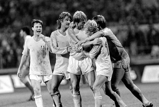  Ingemar Erlandsson, Mikael Rönnberg, Thomas Sunesson, Anders Palmér, Malmö jublar efter 1-1.
