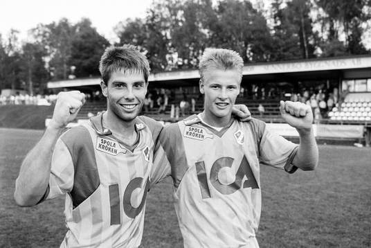  Halmstads målskyttar Jonas Dahlgren och Anders Johansson efter matchen.