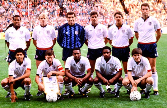 Englands starting lineup. Back row from left: John Barnes,
