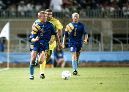  Stefan Landberg, Sverige, med bollen.
