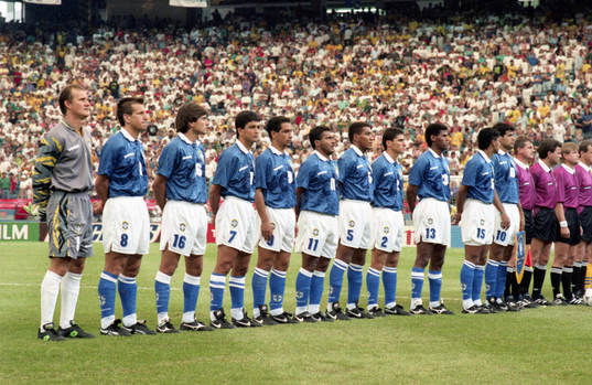  Taffarel, målvakt, Dunga, Leonardo, Bebeto, Zinho, Romario, Silva Mauro, Jorginho, Aldair, Santos Marcio, Rai, Brasilien. Lagbild. 