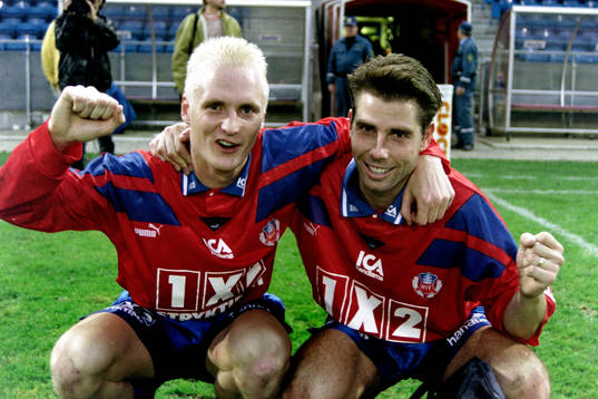  Helsingborgs målskyttar Christer Fursth och Jonas Dahlgren, Helsingborg jublar efter matchen.