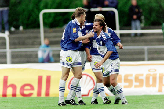  Rami Rantanen och Andreas Hermansson, Trelleborg jublar efter mål.