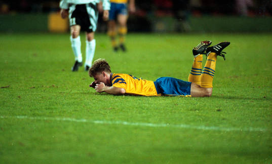 Platt fall för Sverige. Stefan Schwarz biter i gräset