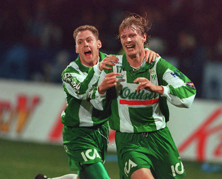 Fotboll Leif Strandh och Patrik Andersson, Hammarby, jublar