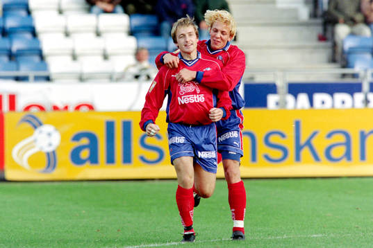  Erik Edman och Stig Johansen, Helsingborg jublar efter mål.